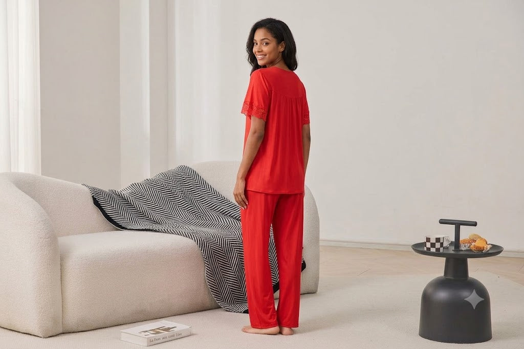 Red Satin Lace Pajama Set