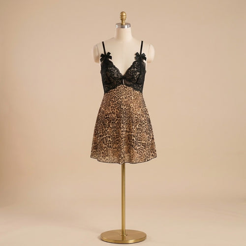 Elegance in Leopard: Black Lace Bodice Cami Nightgown