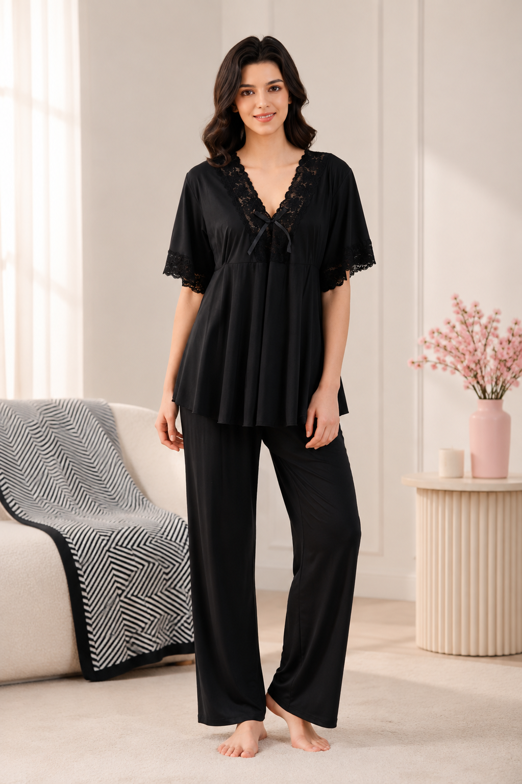 V-Neck Lounge Set with Lace Yoke