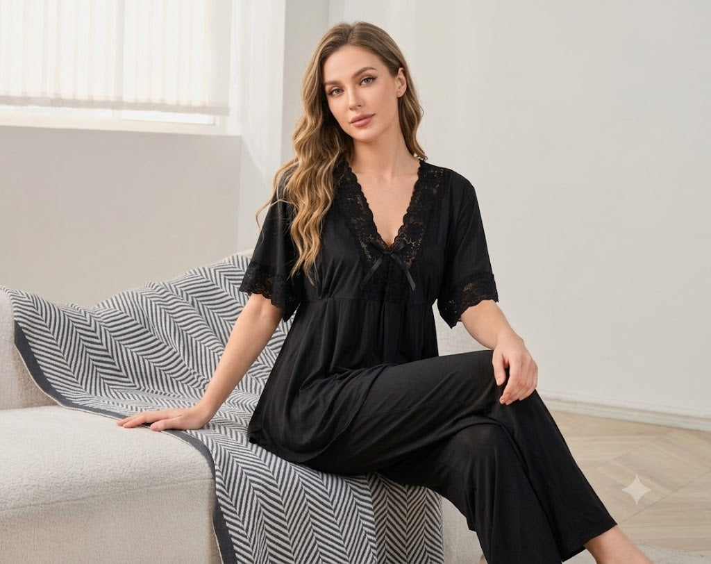 V-Neck Lounge Set with Lace Yoke