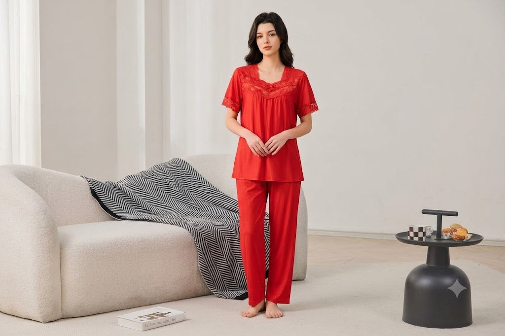 Red Satin Lace Pajama Set