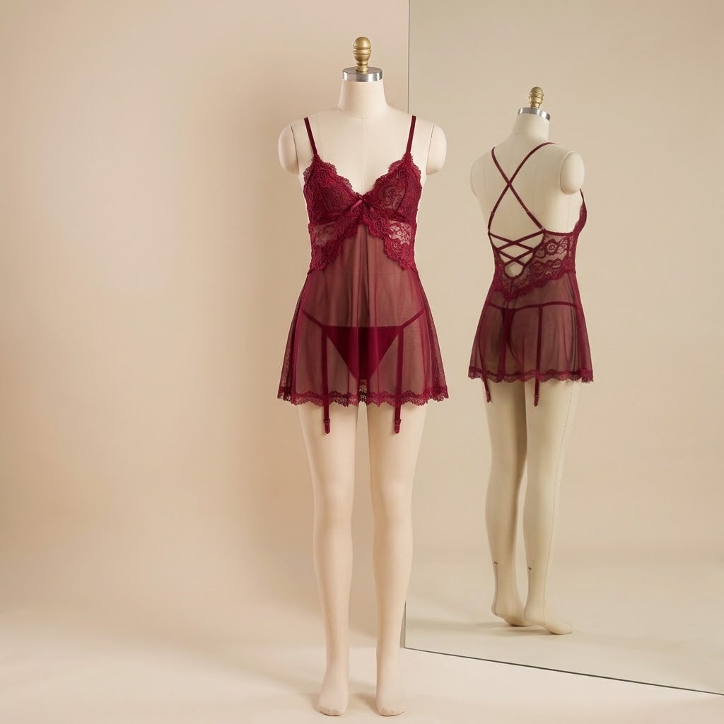 Crimson Floral Lace Nightwear Set