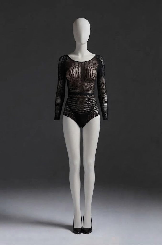 Long-Sleeved Patterned Net Bodysuit with Textured Bands