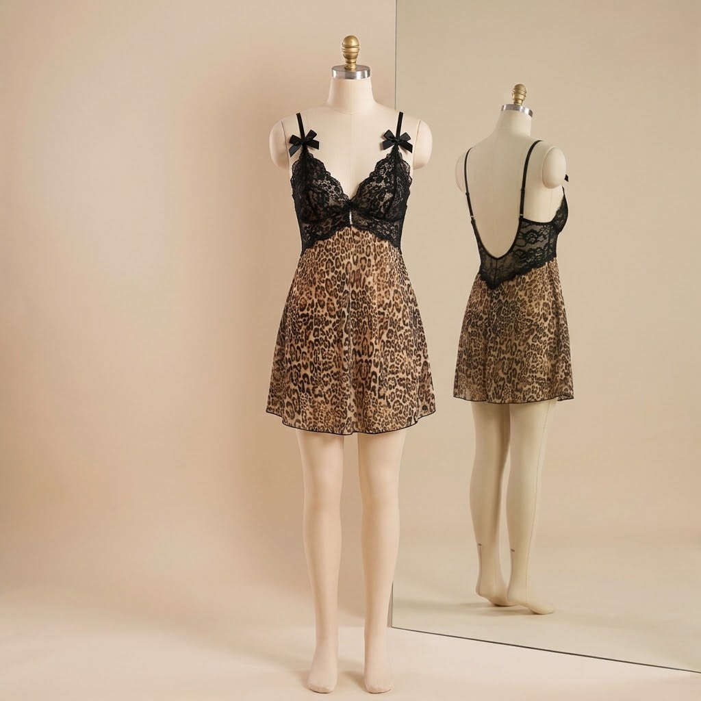 Elegance in Leopard: Black Lace Bodice Cami Nightgown
