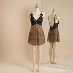 Elegance in Leopard: Black Lace Bodice Cami Nightgown