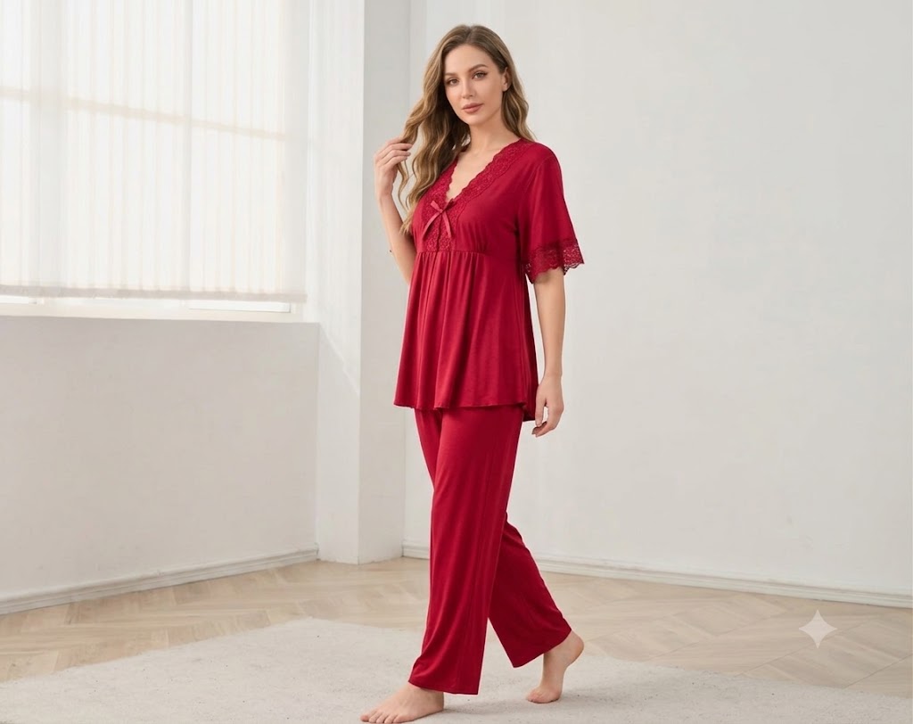 V-Neck Lounge Set with Lace Yoke